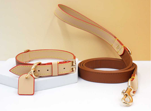 Louis Style Two-Tone Leather Dog Collar & Leash Set — 3-Piece Luxury Gift Bundle | Edge-Painted | Double D-Ring | OEM 20 Pcs