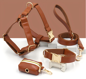 PU Leather Dog Collar Leash & Harness Set — 6-Piece Easy-Clean Bundle | 14 Vegan Leather Colors, OEM from 20 Pcs