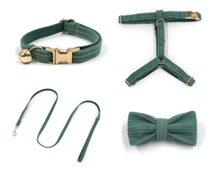 Corduroy Cat Collar Harness Leash & Bow Tie Set — 4-Piece Bundle with Bell | 17 Colors, OEM from 20 Pcs