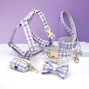 Red black plaid dog collar leash and harness 6-piece set with gold zinc alloy quick-release buckle British style