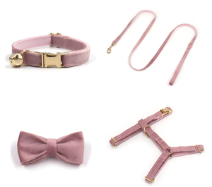 Velvet Cat Collar Harness Leash & Bow Tie Set — 4-Piece Bundle with Bell | 36 Colors, OEM from 20 Pcs